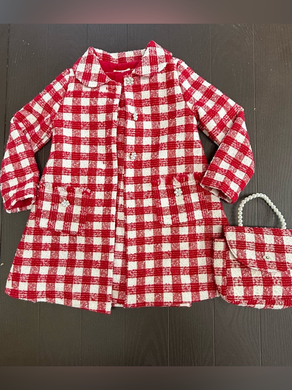 Rachel Zoe Red and White Check Tweed Coat with Matching Purse